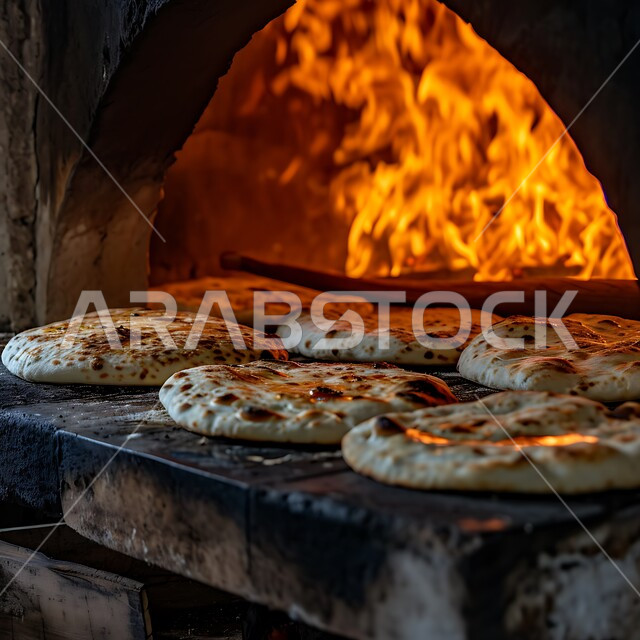 Flat bread in the popular Arabic oven in Saudi bakeries, fresh hot baked goods, a close-up of loaves of traditional Saudi bread in front of a wood stove