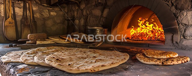 Flat bread in the popular Arabic oven in Saudi bakeries, fresh hot baked goods, a close-up of loaves of traditional Saudi bread in front of a wood stove