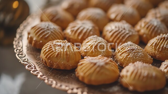 حلويات تقليدية طازجة، صورة مقربة لطبق من أقراص المعمول المحشو بالتمر، بسكويت شعبي هش، كعك العيد الشهي، وصفات وأطباق حلوى متميزة