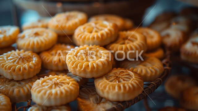 كعك العيد الشهي، بسكويت شعبي هش، صورة مقربة لطبق من أقراص المعمول المحشو بالتمر، وصفات وأطباق حلوى متميزة، حلويات تقليدية طازجة