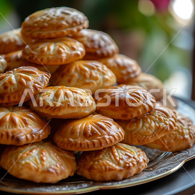 وصفات وأطباق حلوى متميزة، حلويات تقليدية طازجة، صورة مقربة لطبق من أقراص المعمول المحشو بالتمر، بسكويت شعبي هش، كعك العيد الشهي