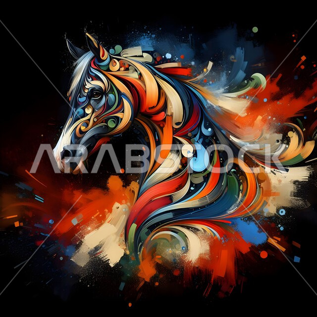 رسم كاليجرافي بالحروف العربية للحصان العربي الأصيل، لوحة فنية ملونة للخيول الأصيلة، حب وشغف السعوديين بالجياد، رمز الفروسية والشجاعة، خلفية سوداء