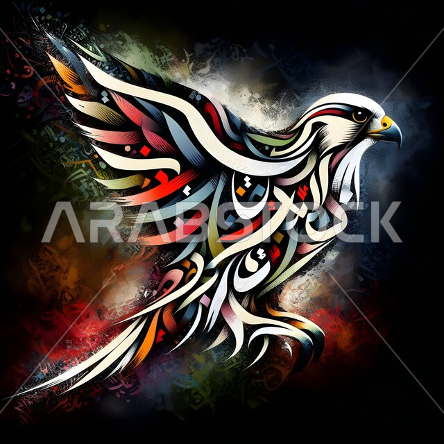 A calligraphy drawing in Arabic letters of the Arabian falcon, a colorful artistic painting of birds of prey, the love and passion of the Saudis for falcons, a symbol of strength, challenge and sharpness of sight, a black background