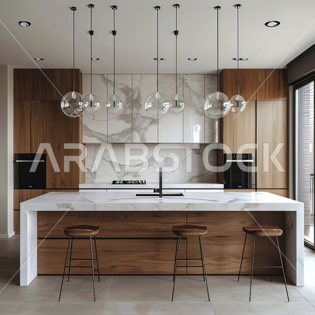 مطبخ بديكورات داخلية فاخرة باللون الابيض الراقي، فنون الهندسة المعمارية المتميزة الحديثة، شقق وفلل سكنية في السعودية، استخدام الطراز الفني العصري في الأثاث المنزلي