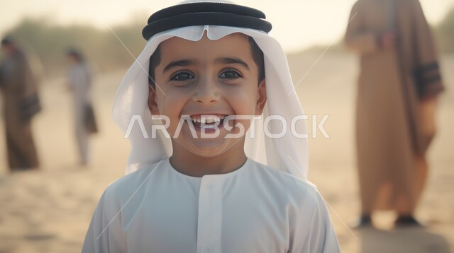 الوقوف ببراءة بإيماءات السرور والبشاشة, الطفولة والنعومة واللطافة, مفهوم الاهتمام بالمظهر الخارجي, صورة مقربة لولد عربي خليجي سعودي مبتسم يرتدي الثوب التقليدي والعقال ينظر إلى الكاميرا, خلفية الطبيعة الصحراوية