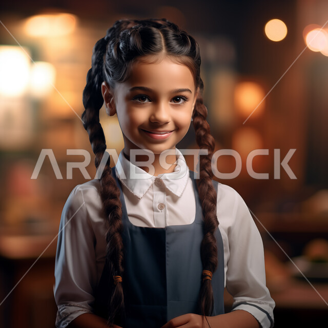 الاستعداد للعام الدراسي الجديد، طالبة عربية خليجية مبتمسة ترتدي الزي المدرسي تنظر إلى الكاميرا بإيماءات السرور، جودة التعليم الدراسي في السعودية، العودة إلى المدارس في المملكة 