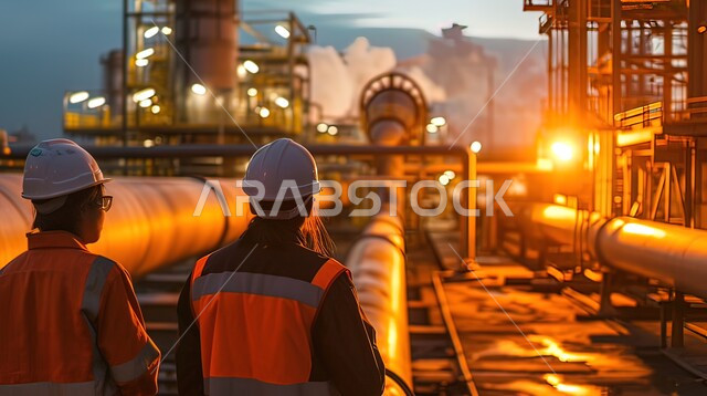 Adopting modern technologies in gas production in Saudi Arabia, following up on the progress of work in factories, a close-up photo from the back of two Saudi Gulf Arab engineers wearing helmets and a protective vest and standing between pipelines at sunset, Saudi professions and jobs, background of the oil refining factory.