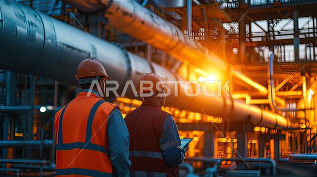 Following the progress of work in factories, a close-up photo from the back of two Saudi Gulf Arab engineers wearing helmets and protection vests and standing between pipelines at sunset, the concept of gas production in the Kingdom of Saudi Arabia, Saudi professions and jobs, background of the oil refining plant.