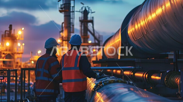 Adopting modern technologies in gas production in Saudi Arabia, following up on the progress of work in factories, a picture from the back of two Saudi Gulf Arab engineers wearing helmets and a protective vest and standing between pipelines, Saudi professions and jobs, background of the oil refining factory.