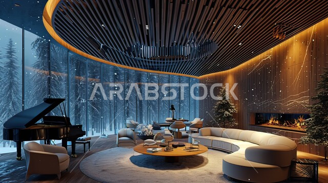 شقق وفلل سكنية مريحة, تصاميم عصرية حديثة لأثاث منزلي راقي,  الفن الهندسي المميز لغرفة معيشة بديكورات داخلية جبسيه مزخرفه فاخره ،طاولة بيانو خشبية ،آلات موسيقية للعزف والاستمتاع بأوقات الفراغ، واجهات زجاجية ضخمة