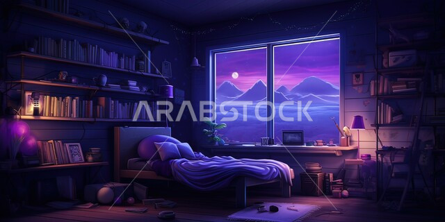 اماكن للراحة والهدوء، تصميمات داخلية متميزة، غرفة نوم بإطلالة على القمم والمرتفعات الجبلية الطبيعية في وقت الليل، أثاث منزلي أنيق ومريح، فنادق ومنتجعات راقية على الطراز الحديث