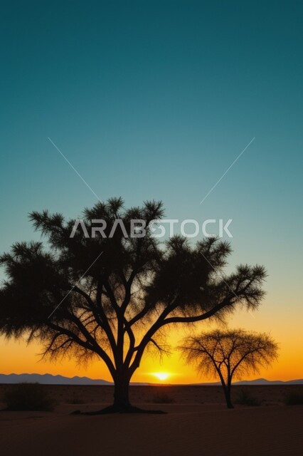 الاستمتاع بمنظر غروب الشمس، صورة ظلية للأشجار الخضراء في البيئة الصحراوية في المملكة العربية السعودية, الرمال الذهبية الناعمة, أماكن رحلات السفاري الممتعة
