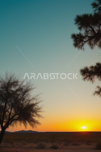 الرمال الذهبية الناعمة, الاستمتاع بمنظر غروب الشمس، صورة ظلية للأشجار الخضراء في البيئة الصحراوية في المملكة العربية السعودية, أماكن رحلات السفاري الممتعة