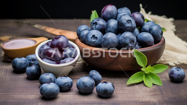 حبوب الفاكهة البنفسجية المتناثرة، أطباق من التوت البري على قاعدة خشبية, منتجات ومحاصيل زراعية محلية سعودية, فواكه وخضراوات لذيذة وصحية وطازجة