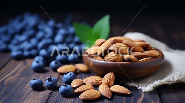 Almond kernels in a wooden bowl, purple cranberry fruit kernels scattered on a wooden base, local Saudi agricultural products and crops, delicious and fresh fruits and vegetables, a healthy nut snack