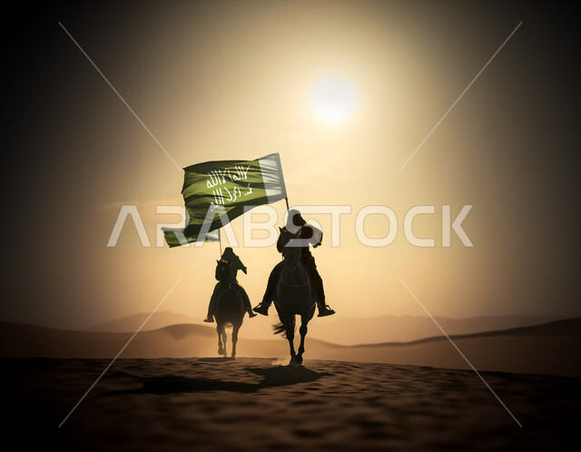 رفع علم يوم التأسيس باحترام وفخر في اليوم الوطني في 23 سبتمبر, فارسان عربيان خليجيان سعوديان يمتطيان الخيول الأصيلة في الصحراء, توارث حب وتربية الجياد من الأجداد, إحياء ذكرى تأسيس الدولة السعودية الأولى في 1727, التعبير عن الولاء والانتماء للوطن