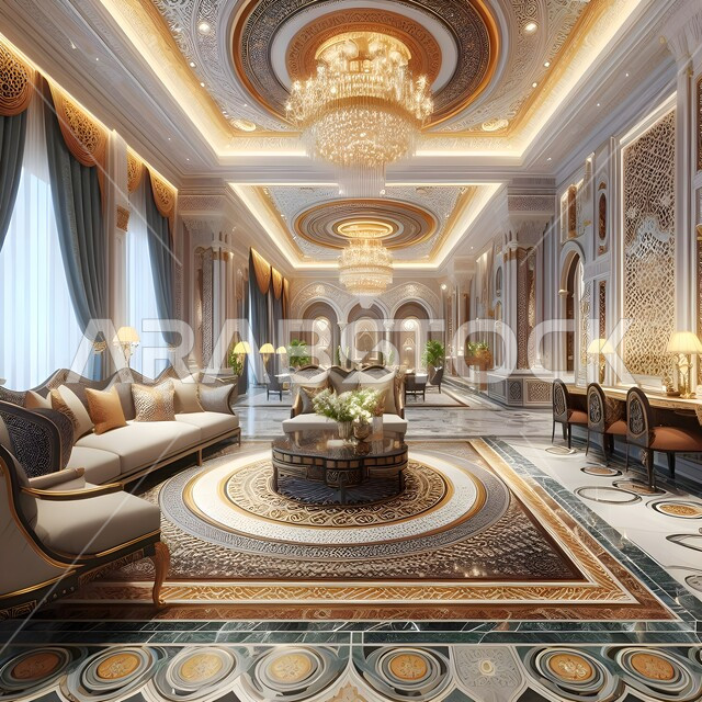 Modern and advanced designs, interior decoration of luxury hotels in the Kingdom of Saudi Arabia, reception halls in elegant colors, advanced design of modern facilities and buildings, luxury furniture for tourist places