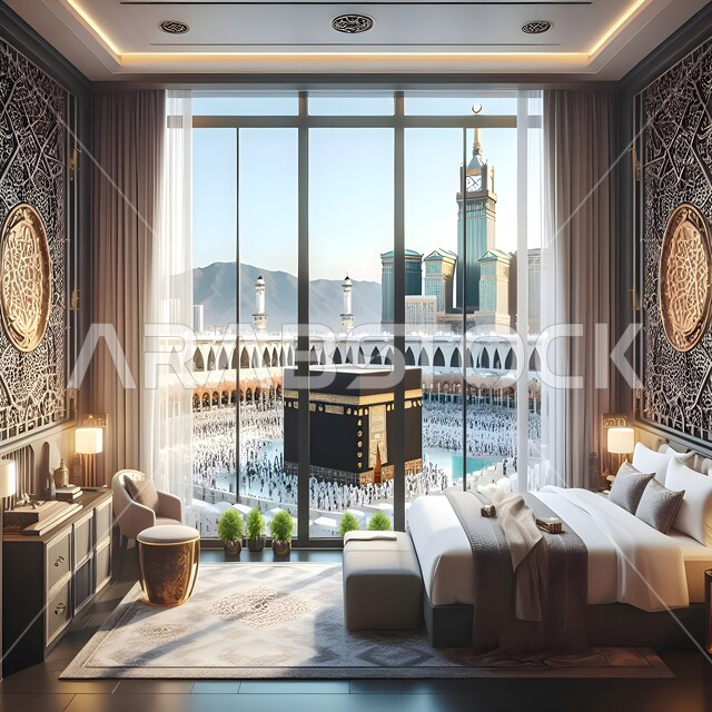 غرفة فندقية بجوار الحرم المكي مطلة على الكعبة, الأثاث الفاخر للأماكن السياحية، التصاميم الحديثة والمتطورة, الديكورات الداخلية للفنادق الفاخرة في المملكة العربية السعودية, قاعات استقبال بألوان راقية, التصميم المتطور للمنشآت والمباني العصرية