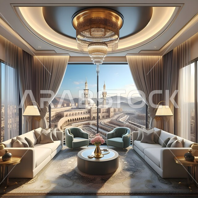 الديكورات الداخلية للفنادق الفاخرة في المملكة العربية السعودية, قاعات استقبال بألوان راقية, غرفة فندقية مطلة على الحرم المكي الشريف, الأثاث الفاخر للأماكن السياحية، التصاميم الحديثة والمتطورة, التصميم المتطور للمنشآت والمباني العصرية