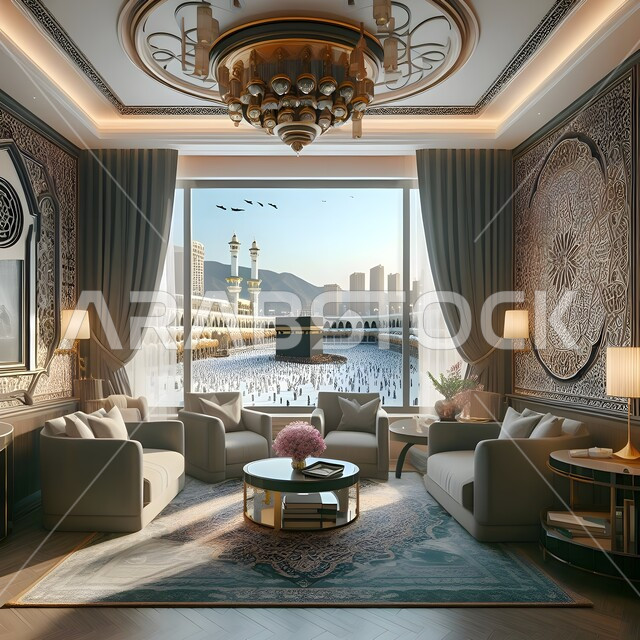 قاعات استقبال بألوان راقية, غرفة فندقية بجوار الحرم المكي مطلة على الكعبة, الأثاث الفاخر للأماكن السياحية، التصاميم الحديثة والمتطورة, الديكورات الداخلية للفنادق الفاخرة في المملكة العربية السعودية, التصميم المتطور للمنشآت والمباني العصرية