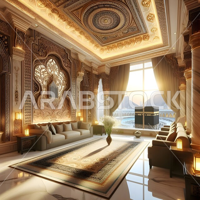 قاعات استقبال بألوان راقية, غرفة فندقية بجوار الحرم المكي مطلة على الكعبة, الأثاث الفاخر للأماكن السياحية، التصاميم الحديثة والمتطورة, الديكورات الداخلية للفنادق الفاخرة في المملكة العربية السعودية, التصميم المتطور للمنشآت والمباني العصرية