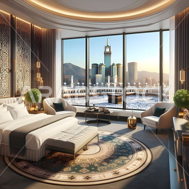 الديكورات الداخلية للفنادق الفاخرة في المملكة العربية السعودية, قاعات استقبال بألوان راقية, غرفة فندقية بجوار الحرم المكي مطلة على الكعبة, الأثاث الفاخر للأماكن السياحية، التصاميم الحديثة والمتطورة, التصميم المتطور للمنشآت والمباني العصرية