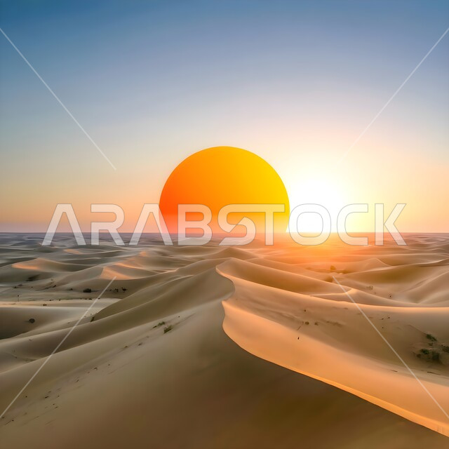 صحراء المملكة العربيه السعودية منظر قرص الشمس في وقت الغروب، التلال و الكثبان الرملية في البيئة الصحراوية, الرمال الذهبية الناعمة, خلفية الطبيعه.