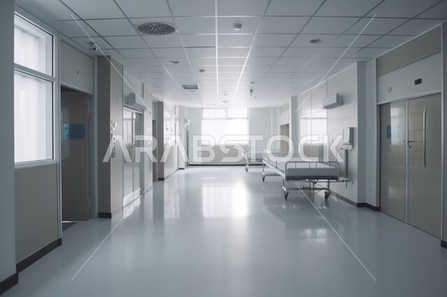 ممر فارغ في المستشفى الحديث مع طاولة المعلومات وسرير في الغرفة، تقديم الاهتمام والرعاية الطبية والصحية في المشافي، غرف العمليات الجراحيه، فحص وتشخيص الحالات المرضية في العيادات والمراكز