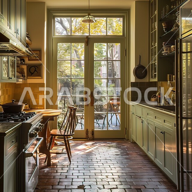 مطبخ بديكورات داخلية فاخرة وأرضية خشبية مع واجهه زجاجية كبيرة، فنون الهندسة المعمارية المتميزة الحديثة، شقق وفلل سكنية في السعودية، استخدام الطراز الفني العصري في الأثاث المنزلي