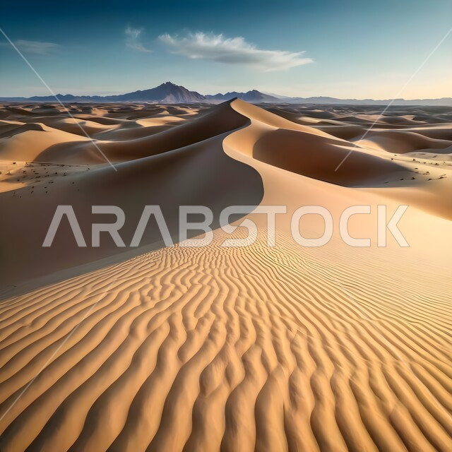 The Sahara Desert in Saudi Arabia at daytime, view of clear sky over soft sand and golden sand dunes, hills and plateaus in the prairies, desert regions and desert environment, nature background
