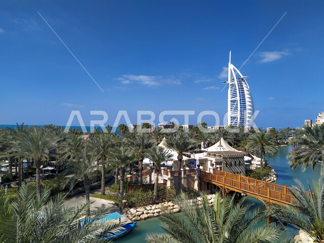 الفن الهندسي المعماري للأبراج والفنادق وناطحات السحاب في دولة الامارات العربية المتحدة، النمو والتطور العمراني على ساحل الخليج العربي, أماكن ومعالم مدينة دبي السياحية المشهورة, المباني السكنية بين أشجار النخيل, الاهتمام في زراعه النباتات الخضراء , خلفية الطبيعه