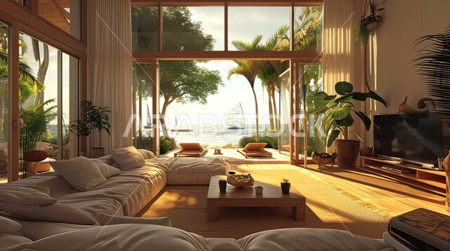 ديكورات داخليه وتصاميم متميزة على الطراز الحديث، غرفة فندقية بتصميمات عصرية حديثه وإطلالة على شاطئ البحر، شقق وفلل سكنية, فنادق ومنتجعات فاخره، غرف جلوس بأثاث منزلي راقي ومريح، نباتات الزينة داخل المنزل