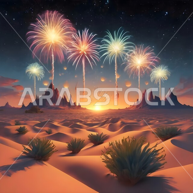 الألعاب النارية في الصحراء في المملكة العربية السعودية، مظاهر الاحتفالات فوق الكثبان الرملية الناعمة، التلال والهضاب في البراري، النباتات الخضراء في مناطق البادية والبيئة الصحراوية، خلفية الطبيعة 