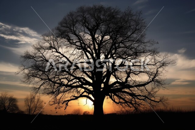 A silhouette of a tree bare of leaves in the middle of natural places in the Kingdom of Saudi Arabia, enjoying the sunset view, blue sky background with white clouds
