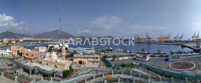 The distinguished architecture of buildings and facilities, an aerial photo of the city of Khor Fakkan overlooking the eastern coast of the Gulf of Oman in Sharjah, United Arab Emirates, the waterfront in the United Arab Emirates