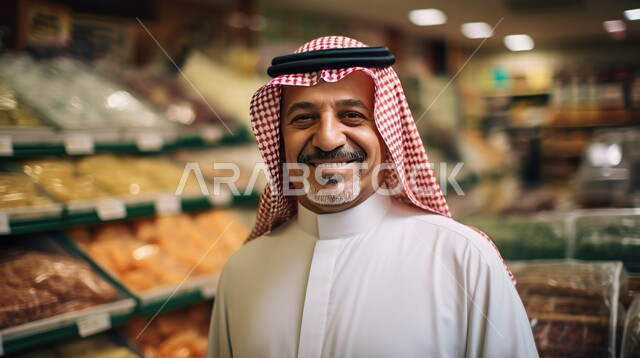 إيماءات السعادة والسرور, مفهوم الأناقة والرجولة, العناية والاهتمام بالمظهر الخارجي، صورة مقربة لرجل عربي سعودي خليجي مبتسم يرتدي الشماغ والثوب التقليدي ينظر إلى الكاميرا يقف في إحدى المتاجر التجارية، قضاء أوقات ممتعة في التسوق