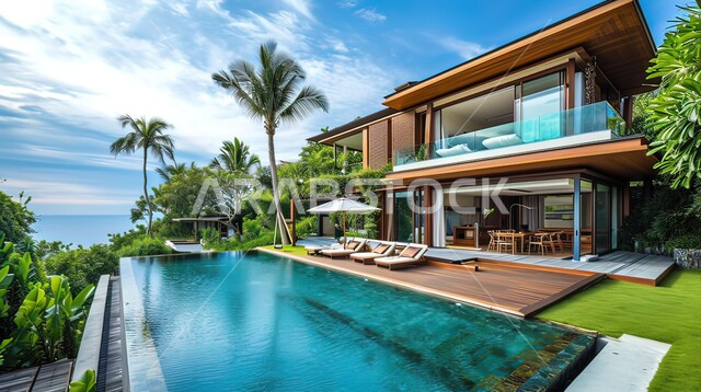 Architectural engineering art for residential apartments and villas, distinctive modern designs for the blue swimming pool, interest in planting palm trees and green plants in the garden of a luxury residential complex, nature background