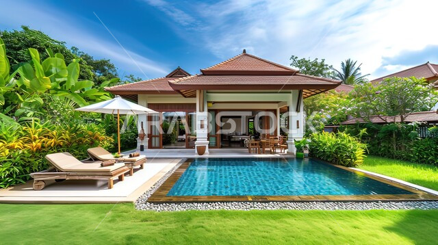 الفن الهندسي المعماري للشقق و الفلل السكنية ،تصاميم عصرية مميزة لحوض السباحة الأزرق ،الاهتمام في زراعه اشجار النخيل والنباتات الخضراء في حديقة مجمع سكني فاخر، خلفية الطبيعه