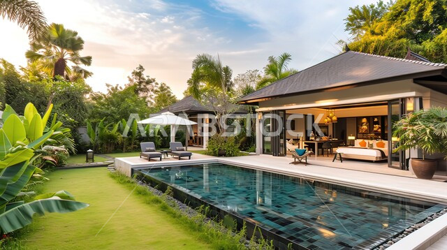 حوض السباحة الأزرق في حديقة مجمع سكني فاخر، الفنون الهندسية المعمارية للشقق و الفلل السكنية ،تصاميم عصرية مميزة ،الاهتمام في زراعه اشجار النخيل والنباتات الخضراء ،خلفية الطبيعه