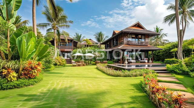 الاهتمام في زراعه اشجار النخيل والنباتات الخضراء في حديقة مجمع سكني فاخر، الفن الهندسي المعماري للشقق و الفلل السكنية ، تصاميم عصرية مميزة ،خلفية الطبيعه