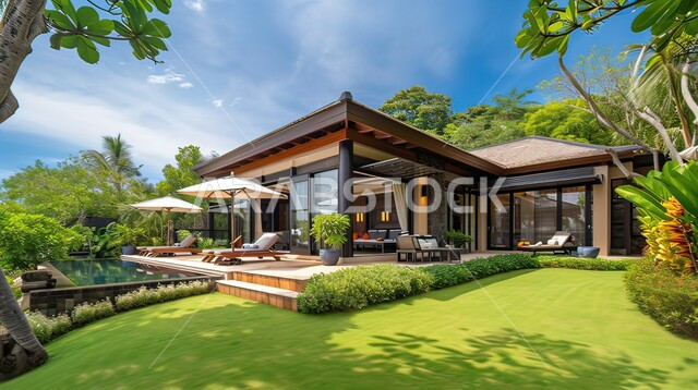 Distinctive modern designs, interest in planting palm trees and green plants in the garden of a luxury residential complex, architectural engineering art for residential apartments and villas, nature background