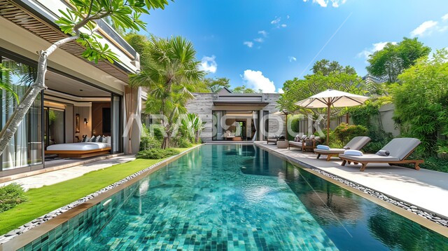 حوض السباحة الأزرق في حديقة مجمع سكني فاخر، الفنون الهندسية المعمارية للشقق و الفلل السكنية ،تصاميم عصرية مميزة ،الاهتمام في زراعه اشجار النخيل والنباتات الخضراء ،خلفية الطبيعه