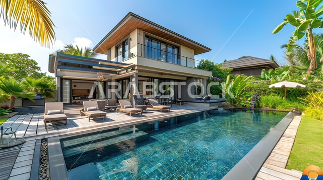 الفنون الهندسية المعمارية للشقق و الفلل السكنية ،تصاميم عصرية مميزة لحوض السباحة الأزرق ،الاهتمام في زراعه اشجار النخيل والنباتات الخضراء في حديقة مجمع سكني فاخر، خلفية الطبيعه