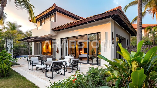 تصاميم عصرية مميزة ،الاهتمام في زراعه اشجار النخيل والنباتات الخضراء في حديقة مجمع سكني فاخر، الفن الهندسي المعماري للشقق و الفلل السكنية ، خلفية الطبيعه