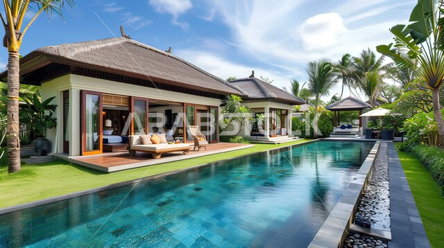 حوض السباحة الأزرق في حديقة مجمع سكني فاخر، الفنون الهندسية المعمارية للشقق و الفلل السكنية ،تصاميم عصرية مميزة ،الاهتمام في زراعه اشجار النخيل والنباتات الخضراء ،خلفية الطبيعه