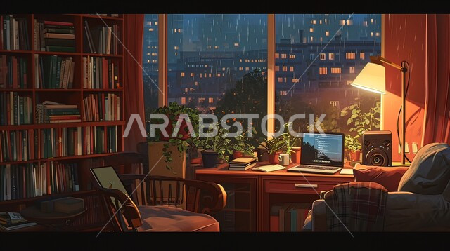 فنون التصميم الداخلي والهندسة المعمارية ،هطول الأمطار خلف النافذه في وقت الليل، غرف مكتبية بديكورات مميزة و تصاميم عصرية وتجهيزات حديثة، أثاث مكتبي فاخر ,مفهوم الدراسة عبر جهاز الحاسوب المحمول في الأجواء الهادئة