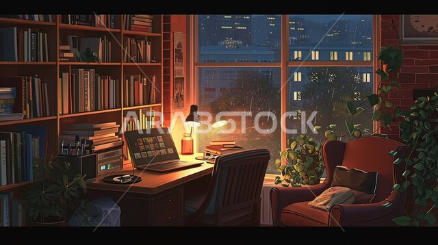 هطول الأمطار خلف النافذه في وقت الليل، غرف مكتبية بديكورات مميزة و تصاميم عصرية وتجهيزات حديثة، أثاث مكتبي فاخر ,فنون التصميم الداخلي والهندسة المعمارية ،مفهوم الدراسة عبر جهاز الحاسوب المحمول في الأجواء الهادئة