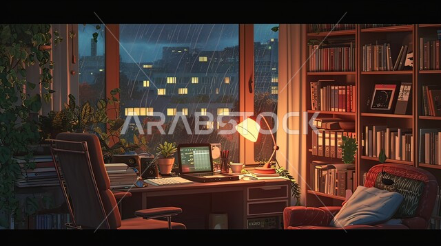 Office rooms with distinctive decor, modern designs and modern equipment, luxury office furniture, interior design and architecture arts, rain falling behind the window at night, the concept of studying via a laptop in a quiet atmosphere