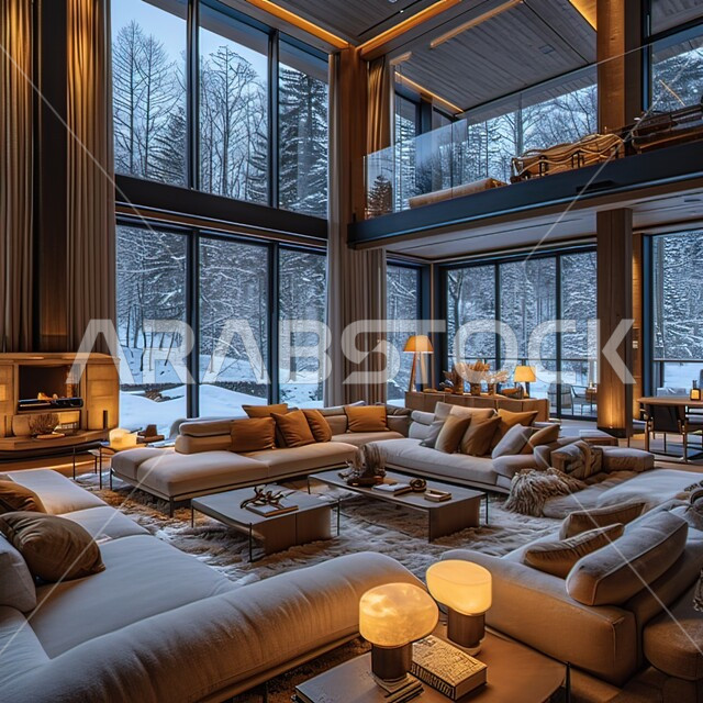 ديكورات داخليه متميزة على الطراز الحديث، غرف جلوس بأثاث منزلي مريح، تحف واكسسوارات راقية ،واجهات زجاجية ضخمة مطلة على الأجواء الشتوية، غرفة معيشة بتصميمات عصرية، شقق وفلل سكنية, فنادق ومنتجعات فاخره