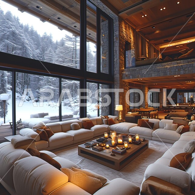 غرف جلوس بأثاث منزلي مريح، تحف واكسسوارات راقية ،واجهات زجاجية ضخمة مطلة على الأجواء الشتوية، غرفة معيشة بتصميمات عصرية، ديكورات داخليه متميزة على الطراز الحديث، شقق وفلل سكنية, فنادق ومنتجعات فاخره
